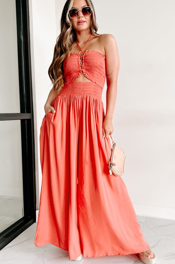 What A Feeling Halter Neck Wide Leg Jumpsuit (Coral) - NanaMacs