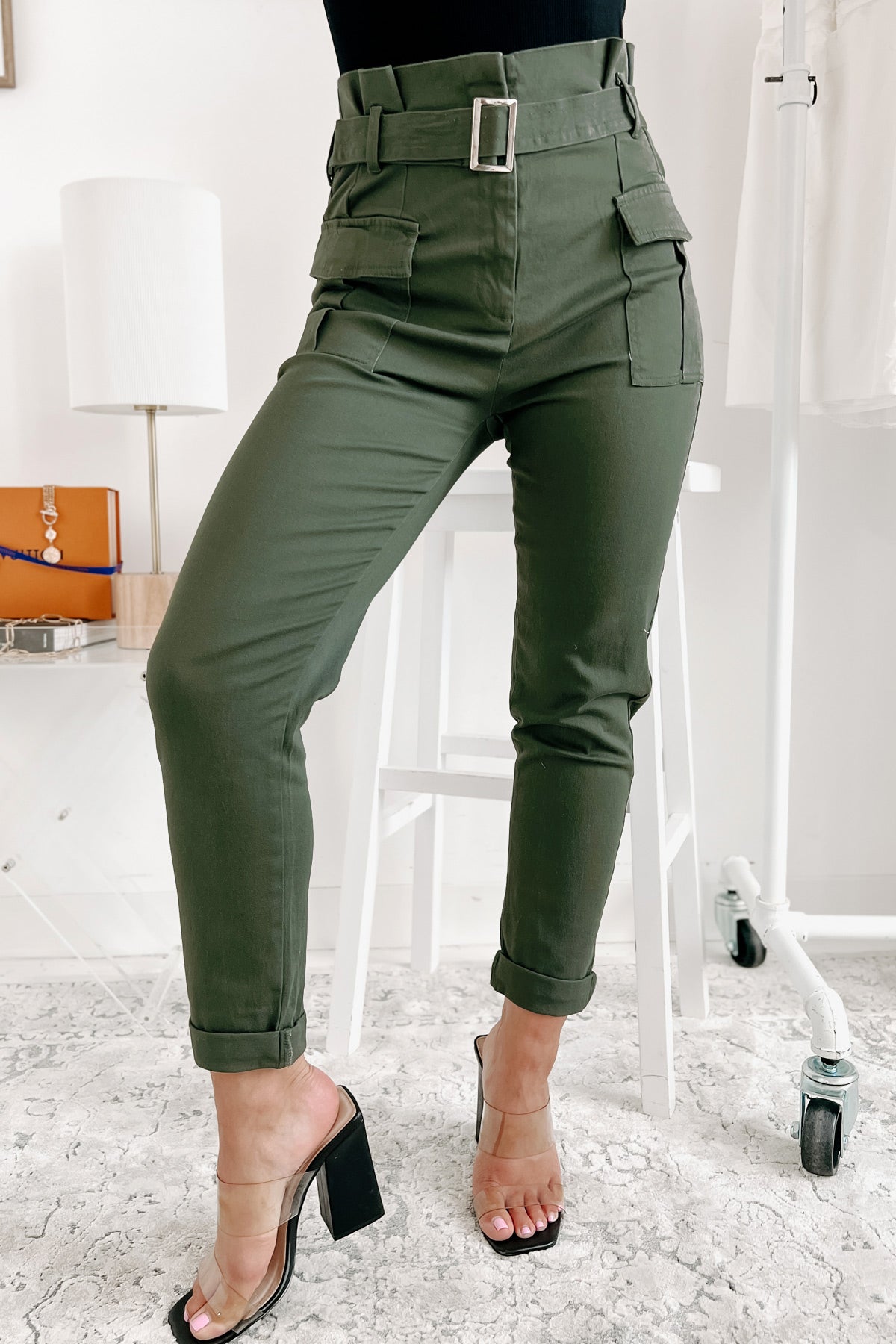 Nina Belted Paperbag Pants (Olive) - NanaMacs