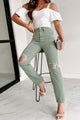 Doorbuster Penelope High Rise Distressed Straight Leg Kancan Jeans (Olive) - NanaMacs