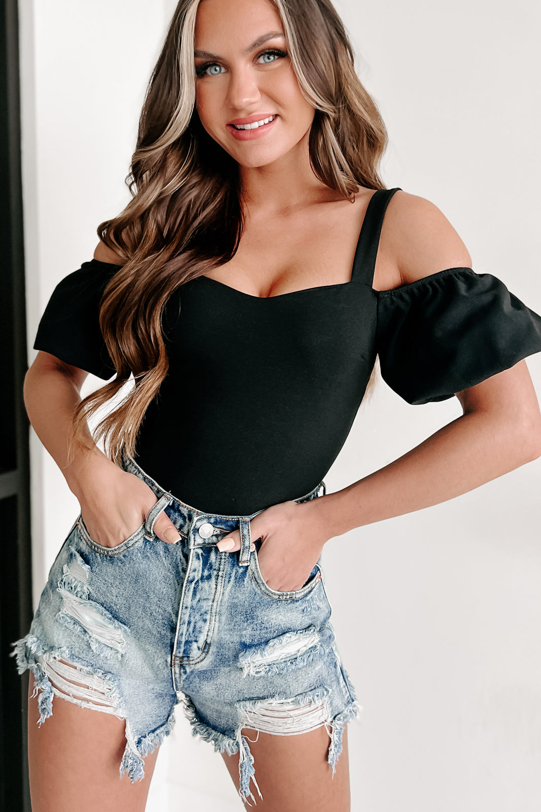 New Love Interest Cold Shoulder Bodysuit (Black) - NanaMacs