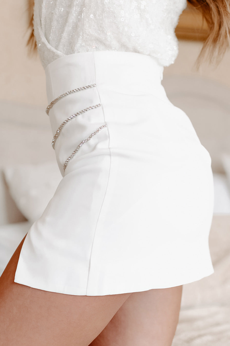 Material Girl Rhinestone Mini Skirt (White) - NanaMacs