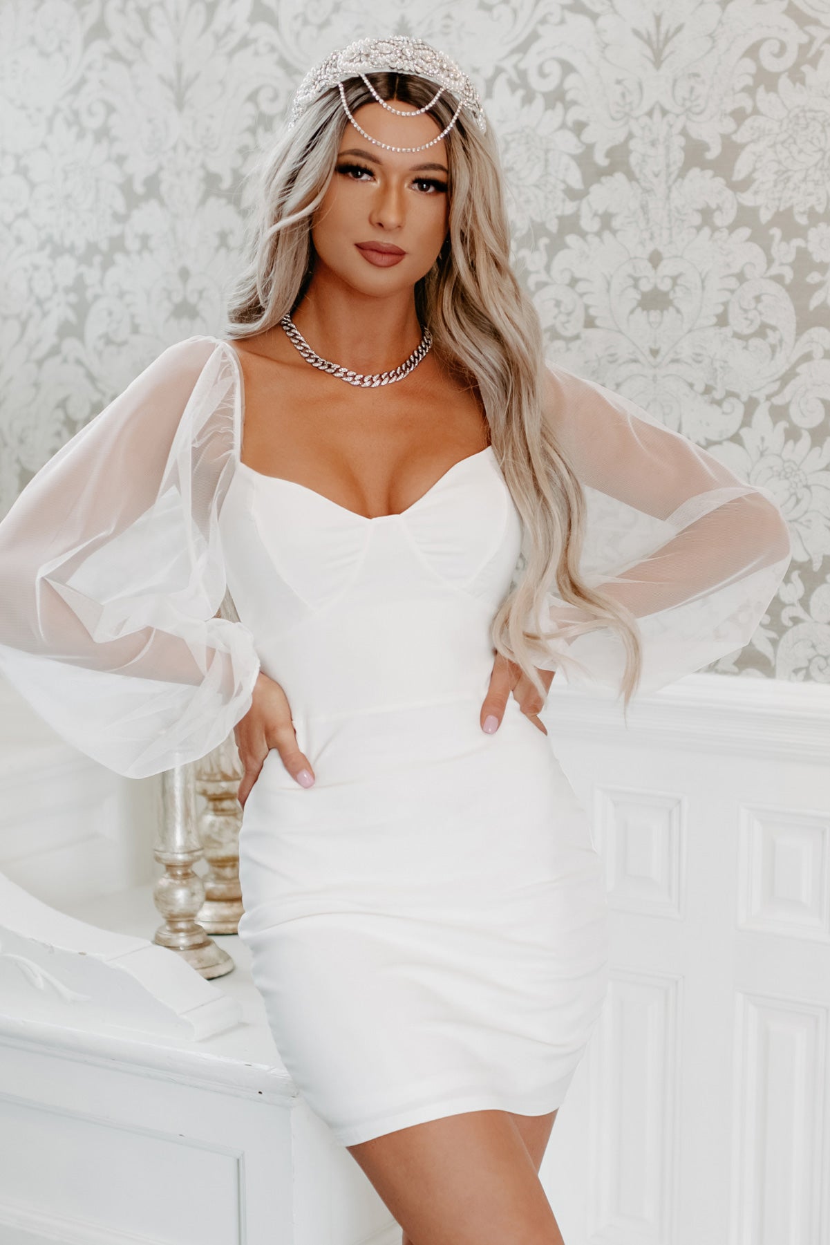 Feelings Of Forever Mesh Sleeve Bodycon Dress (Off White) · NanaMacs