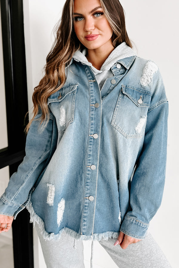 Anything For You Distressed Denim Shacket (Blue) - NanaMacs