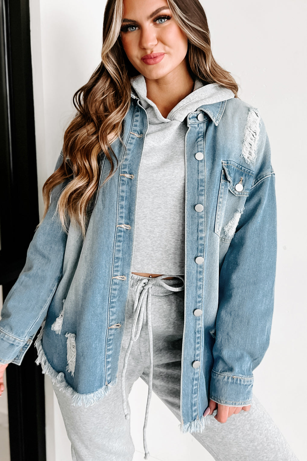 Anything For You Distressed Denim Shacket (Blue) - NanaMacs