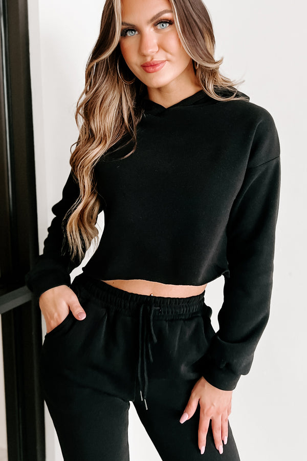 Living Comfortably Crop Hoodie & Joggers Set (Black) - NanaMacs