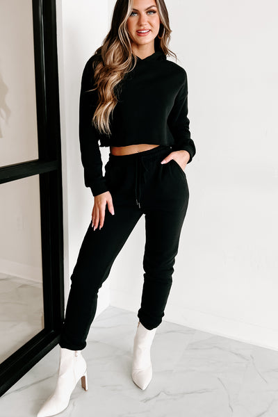 Living Comfortably Crop Hoodie & Joggers Set (Black) - NanaMacs