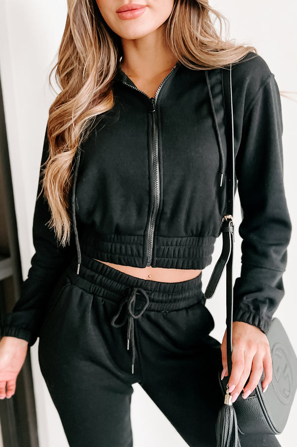 Just Playing Around Zip-Up Hoodie & Joggers Set (Black) - NanaMacs