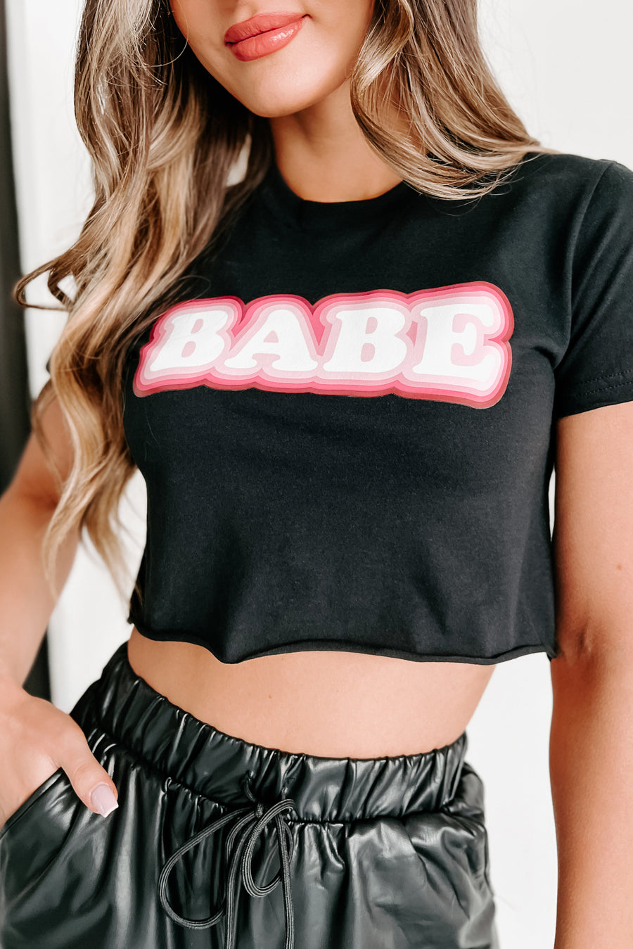 Retro "Babe" Raw Hem Graphic Crop Tee (Black) - Print On Demand - NanaMacs