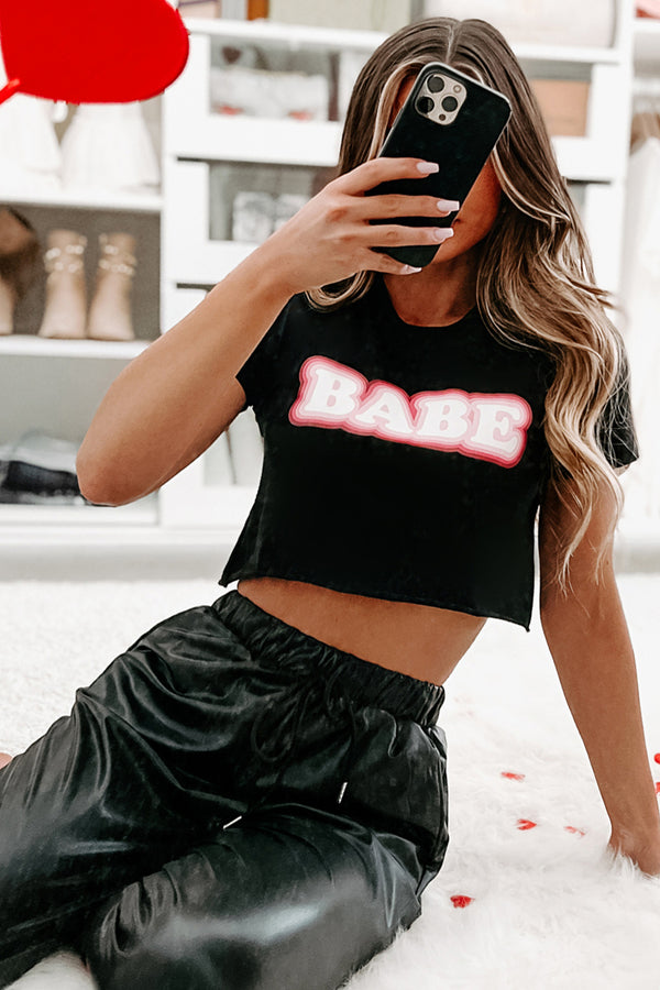 Retro "Babe" Raw Hem Graphic Crop Tee (Black) - Print On Demand - NanaMacs