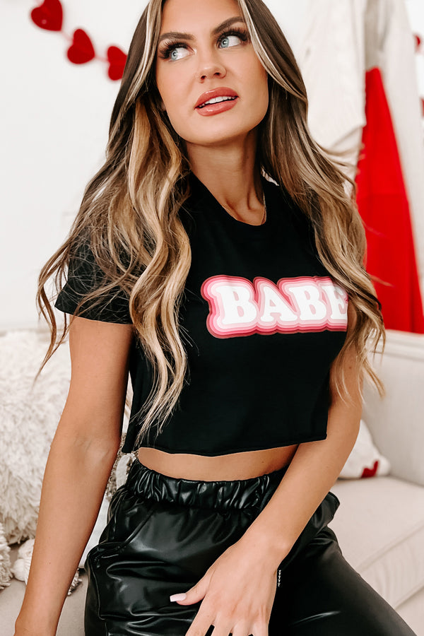 Retro "Babe" Raw Hem Graphic Crop Tee (Black) - Print On Demand - NanaMacs