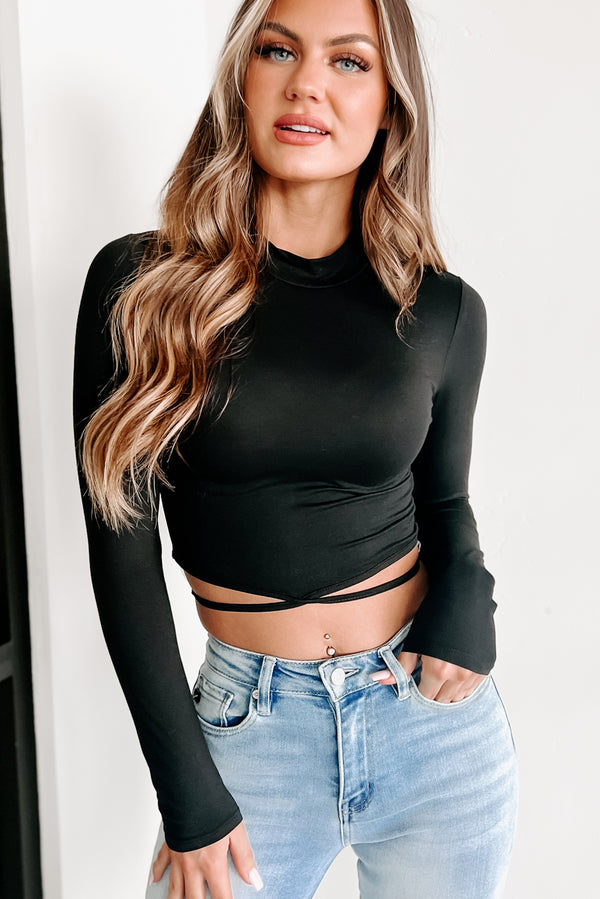 You'll Read About It Long Sleeve Tie Waist Top (Black) - NanaMacs