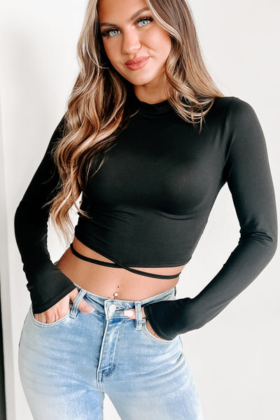 You'll Read About It Long Sleeve Tie Waist Top (Black) - NanaMacs