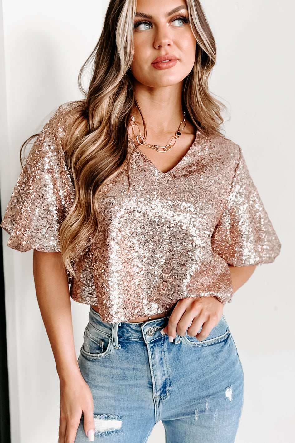 The Only One I Want V-Neck Sequin Top (Rose Gold) - NanaMacs