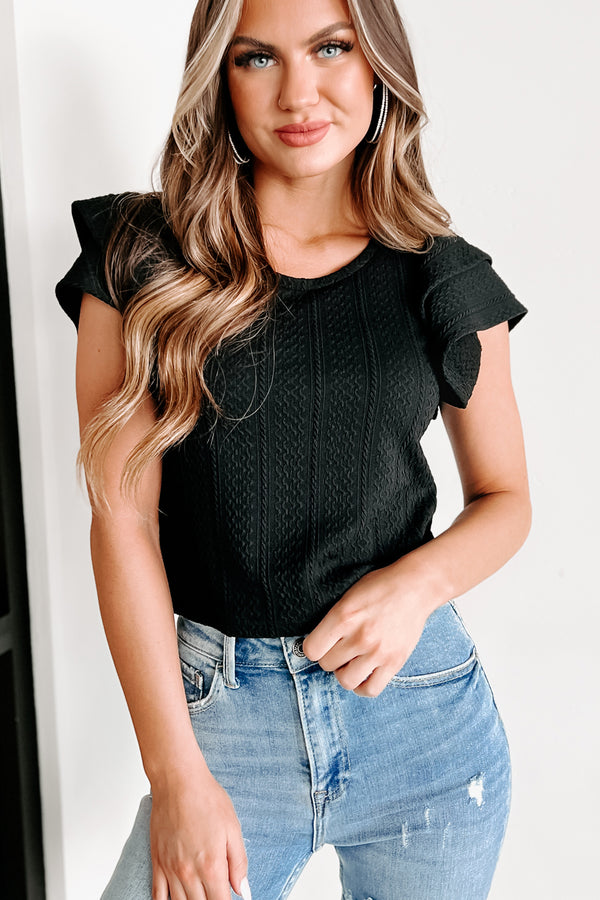 Davina Textured Ruffle Sleeve Top (Black) - NanaMacs