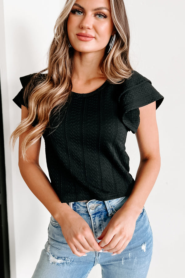 Davina Textured Ruffle Sleeve Top (Black) - NanaMacs