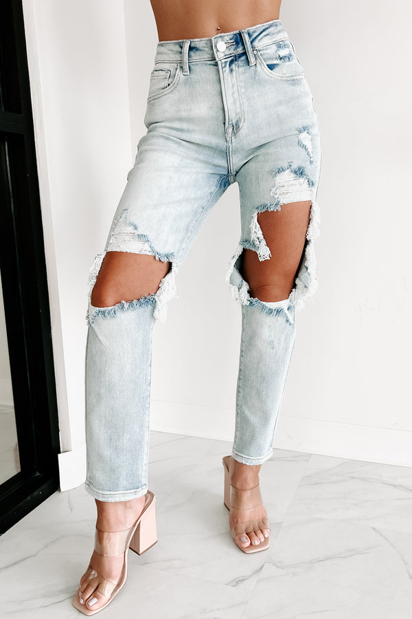 Izetta High Rise Distressed Risen Slim Straight Jeans (Light) - NanaMacs