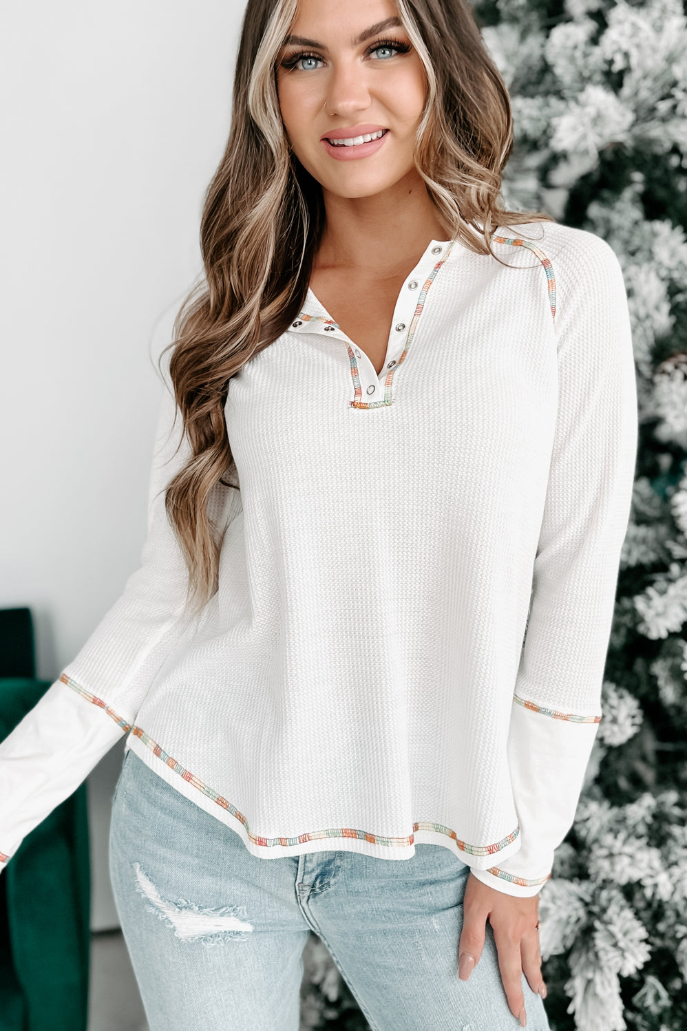 Sweet Time Long Sleeve Henley Top (White) - NanaMacs