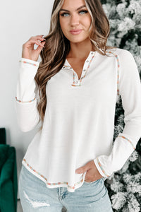 Sweet Time Long Sleeve Henley Top (White) - NanaMacs