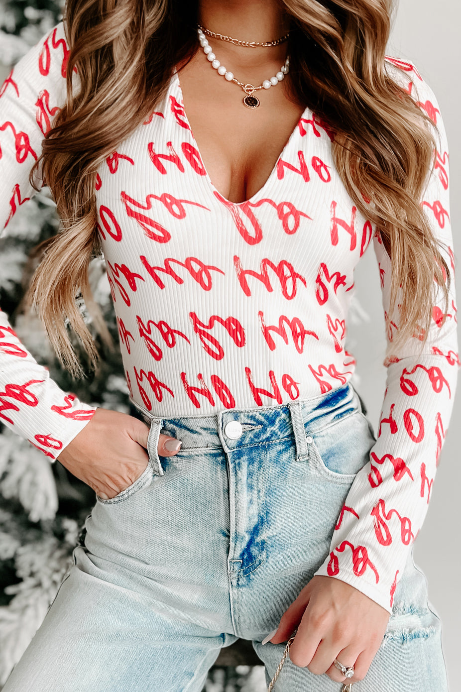 Dear Santa NanaMacs Original Printed V-Neck Bodysuit (White/Red) - NanaMacs