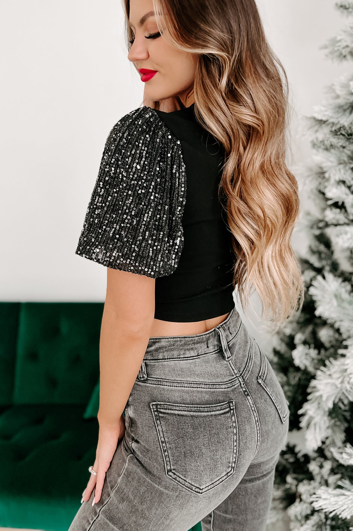 Here To Party Sequin Sleeve Crop Top (Black) - NanaMacs