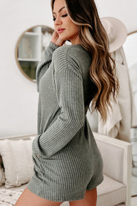 A Night At Home Long Sleeve Waffle Knit Romper (Grey Olive) - NanaMacs