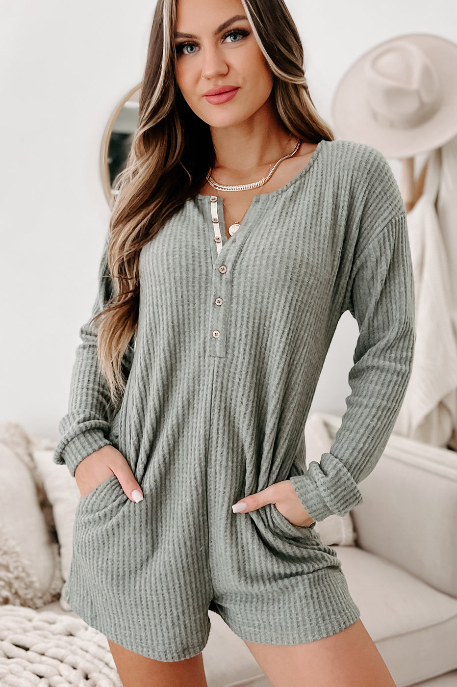 A Night At Home Long Sleeve Waffle Knit Romper (Grey Olive) - NanaMacs