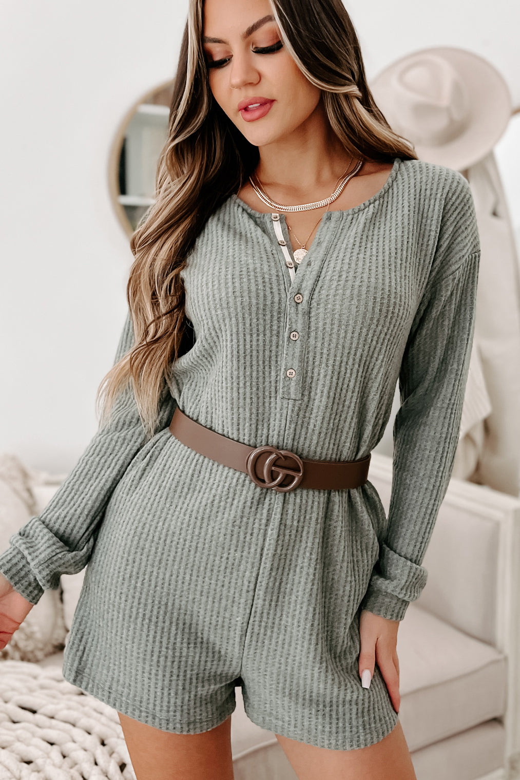 A Night At Home Long Sleeve Waffle Knit Romper (Grey Olive) - NanaMacs