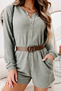 A Night At Home Long Sleeve Waffle Knit Romper (Grey Olive) - NanaMacs