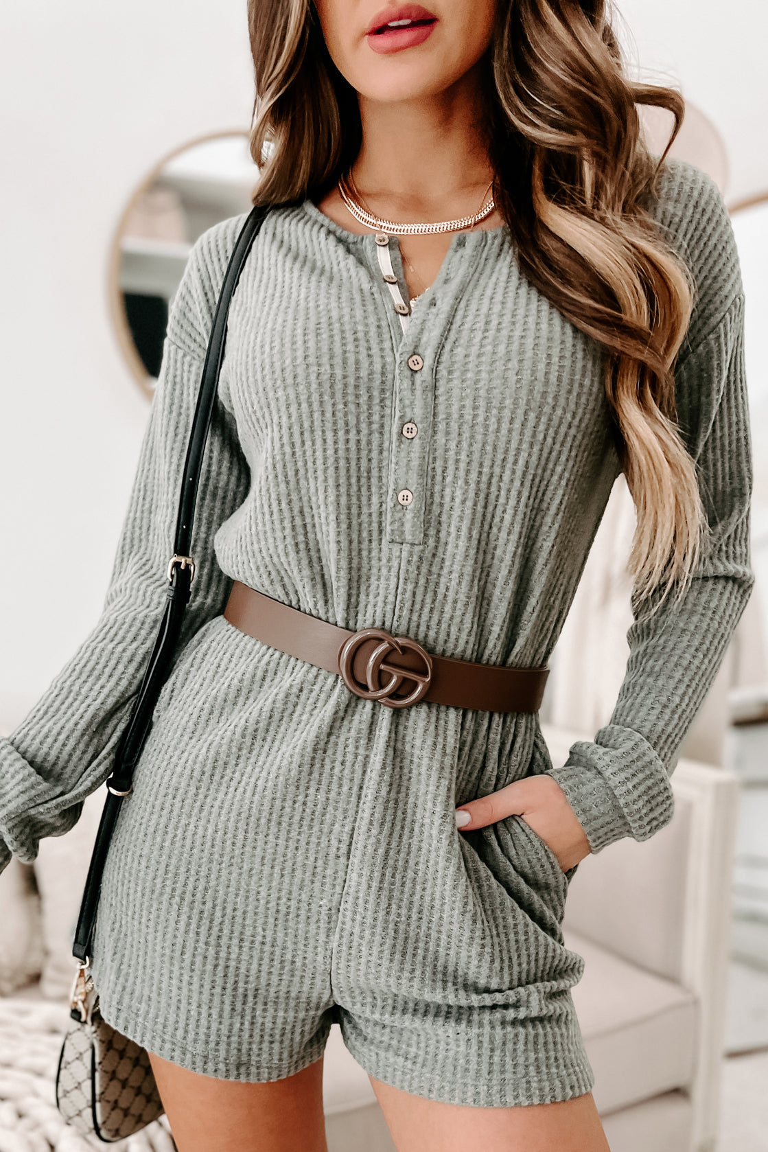 A Night At Home Long Sleeve Waffle Knit Romper (Grey Olive) - NanaMacs