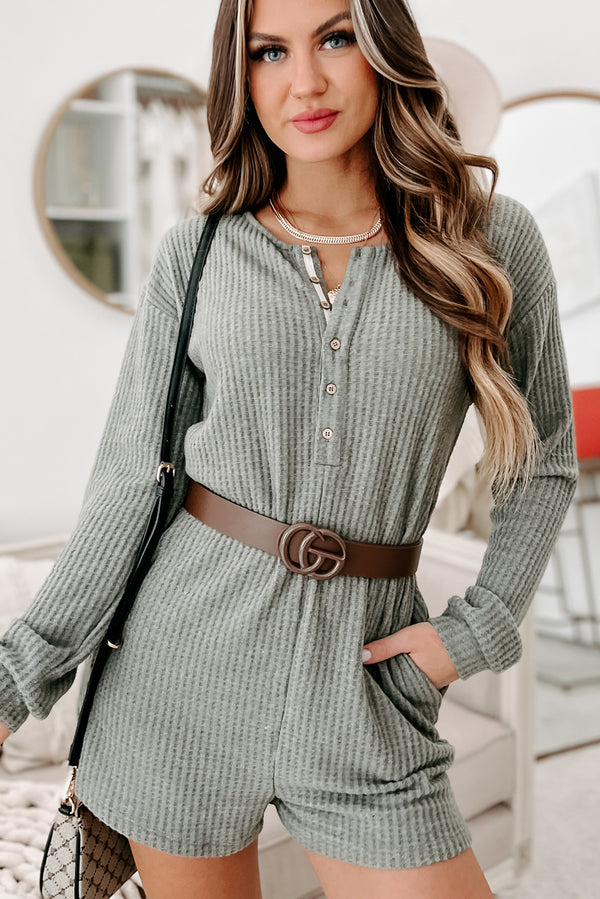 A Night At Home Long Sleeve Waffle Knit Romper (Grey Olive) - NanaMacs