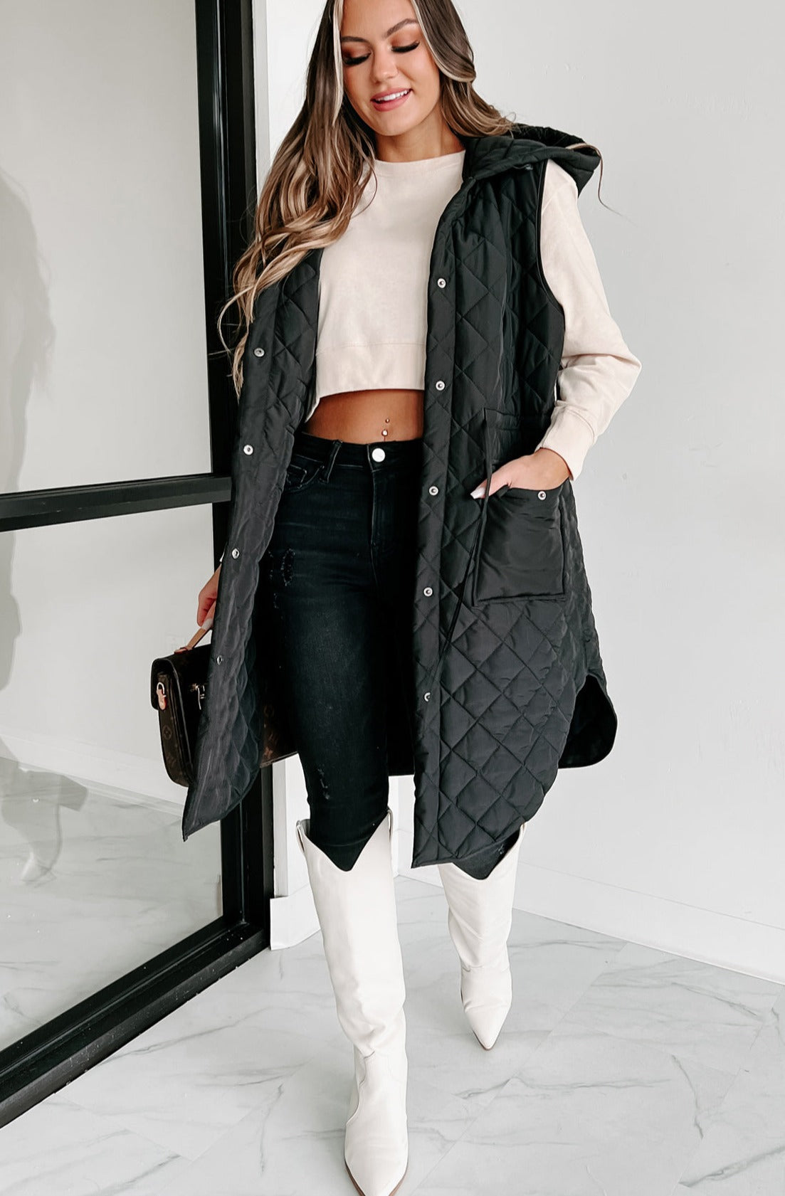 My Missing Piece Quilted Hooded Vest (Black) - NanaMacs