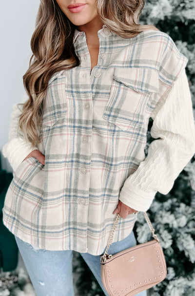 Happy Place Mixed Media Plaid Shacket (Taupe) - NanaMacs