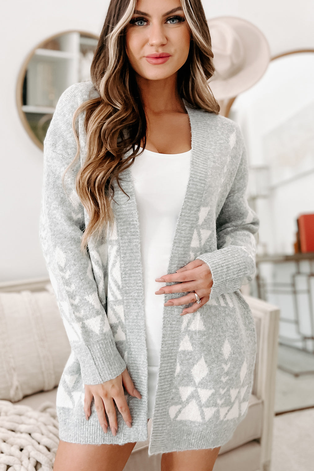 Holiday Steal- Keeping Us Together Printed Open Front Cardigan (Heather Grey) - NanaMacs