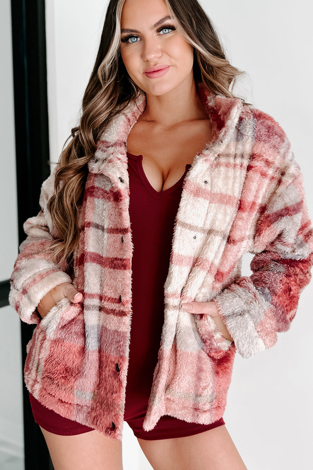 Doorbuster- Comforting Words Fuzzy Plaid Jacket (Rose Mix) - NanaMacs