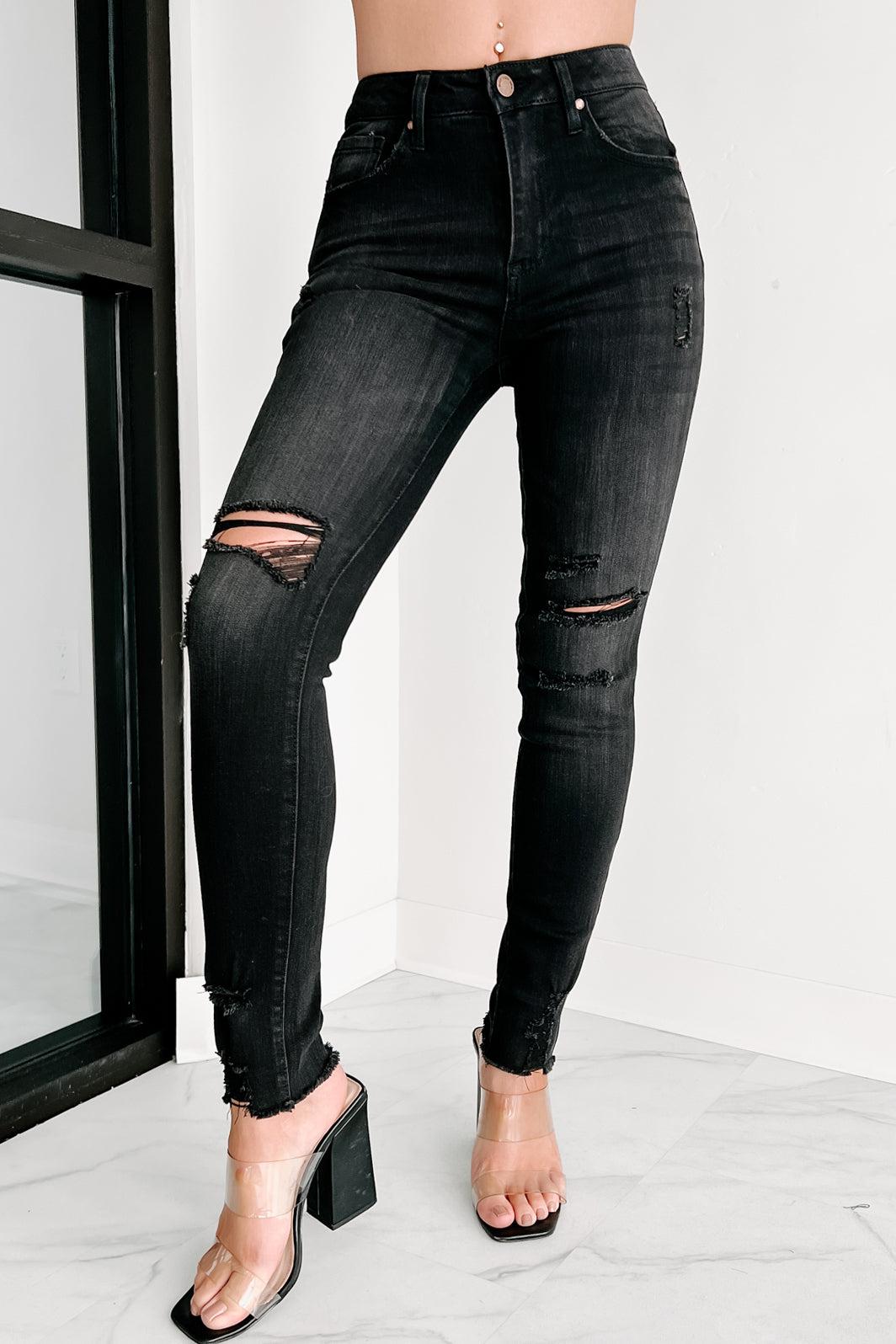 Holiday Steal- Honor Bound Mid-Rise Distressed Skinny Jeans (Black) - NanaMacs