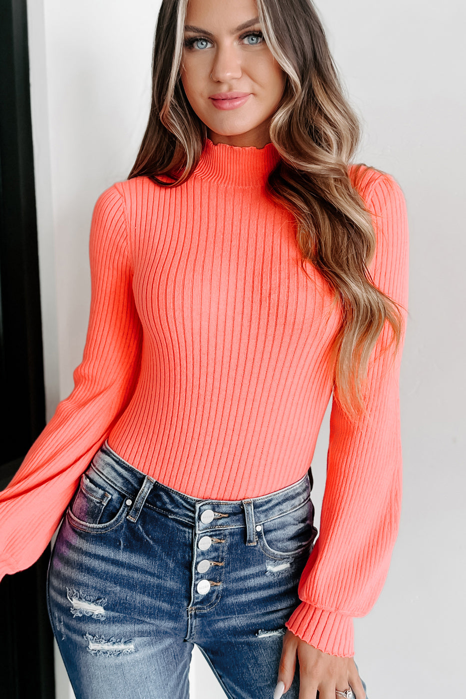 Wanna Be Seen Mock Neck Sweater Knit Bodysuit (Neon Coral) - NanaMacs