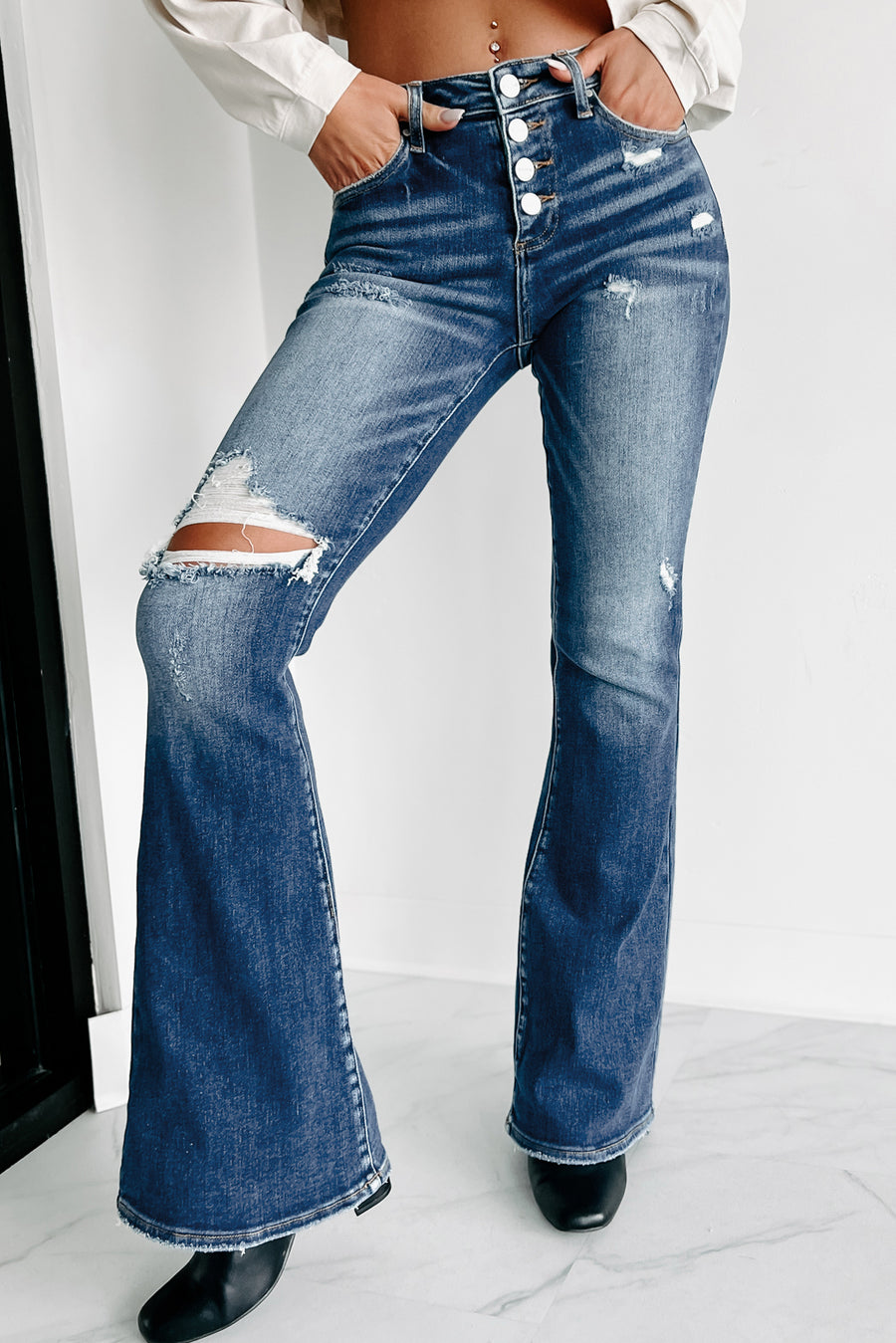 For A Change High Rise Distressed Wide Leg Jeans (Dark) · NanaMacs