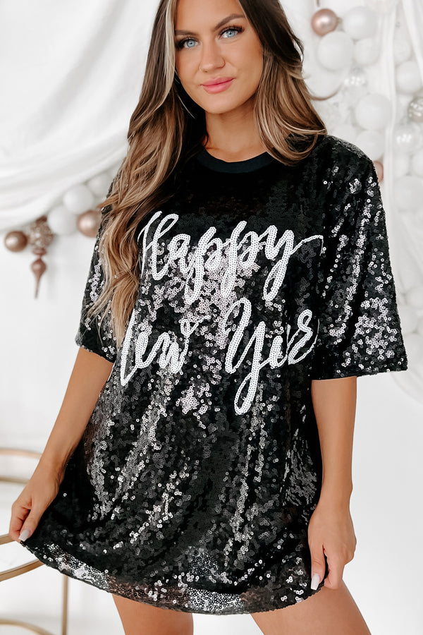 New Year, New Look Sequin T-Shirt Dress (Black) - NanaMacs