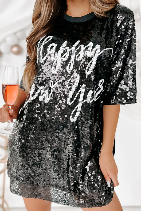 New Year, New Look Sequin T-Shirt Dress (Black) - NanaMacs