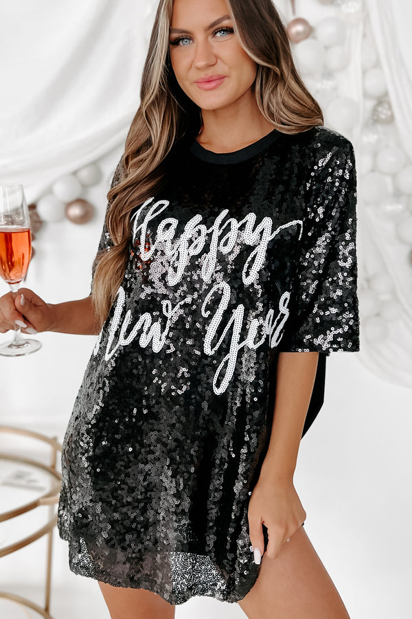 New Year, New Look Sequin T-Shirt Dress (Black) - NanaMacs