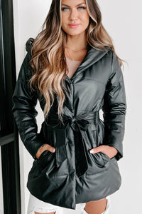 Wintry Winds Hooded Faux Leather Puffer Coat (Black) - NanaMacs