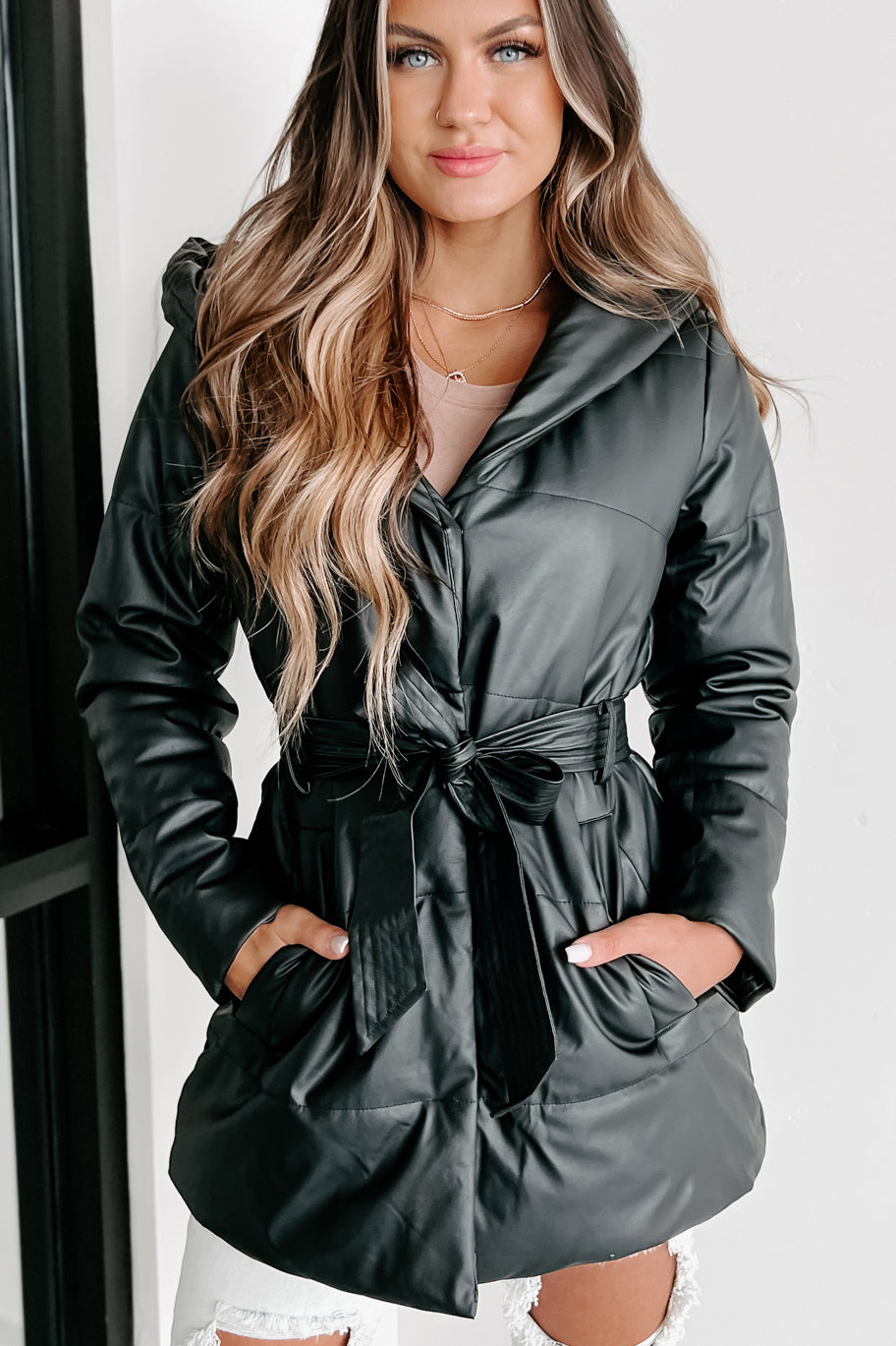 Wintry Winds Hooded Faux Leather Puffer Coat (Black) - NanaMacs