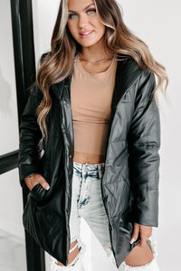 Wintry Winds Hooded Faux Leather Puffer Coat (Black) - NanaMacs