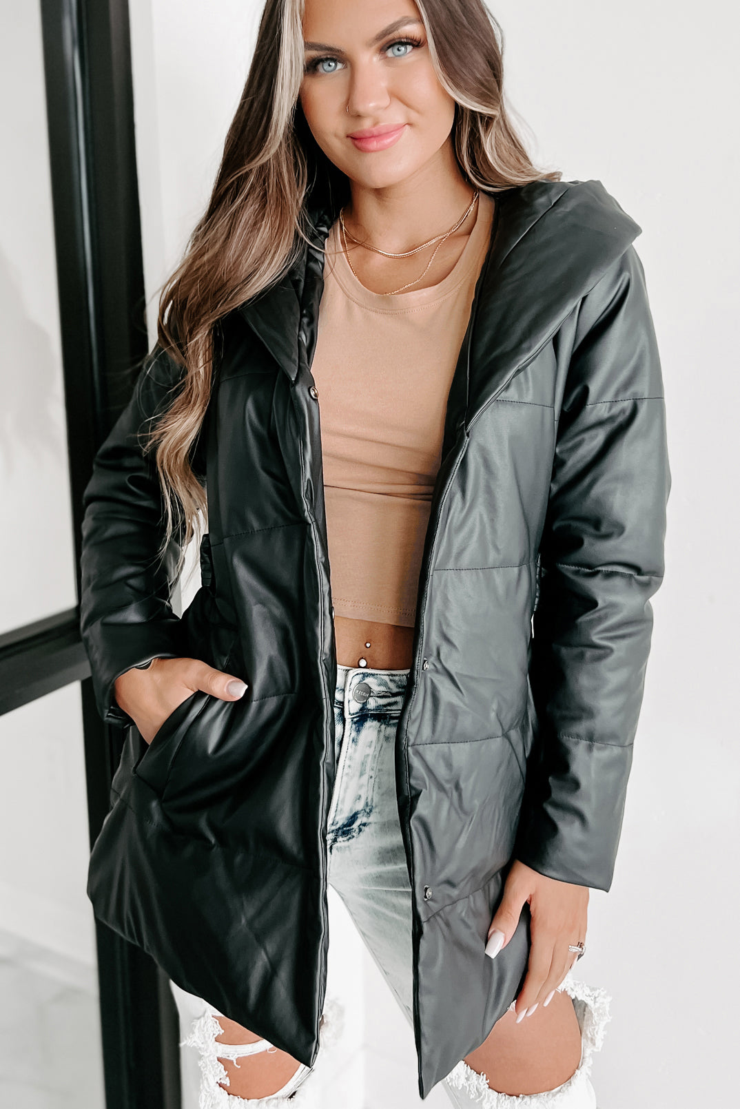 Wintry Winds Hooded Faux Leather Puffer Coat (Black) - NanaMacs