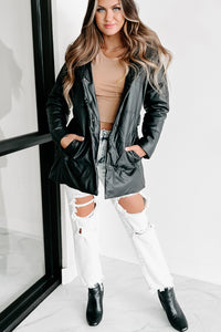 Wintry Winds Hooded Faux Leather Puffer Coat (Black) - NanaMacs