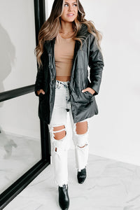 Wintry Winds Hooded Faux Leather Puffer Coat (Black) - NanaMacs