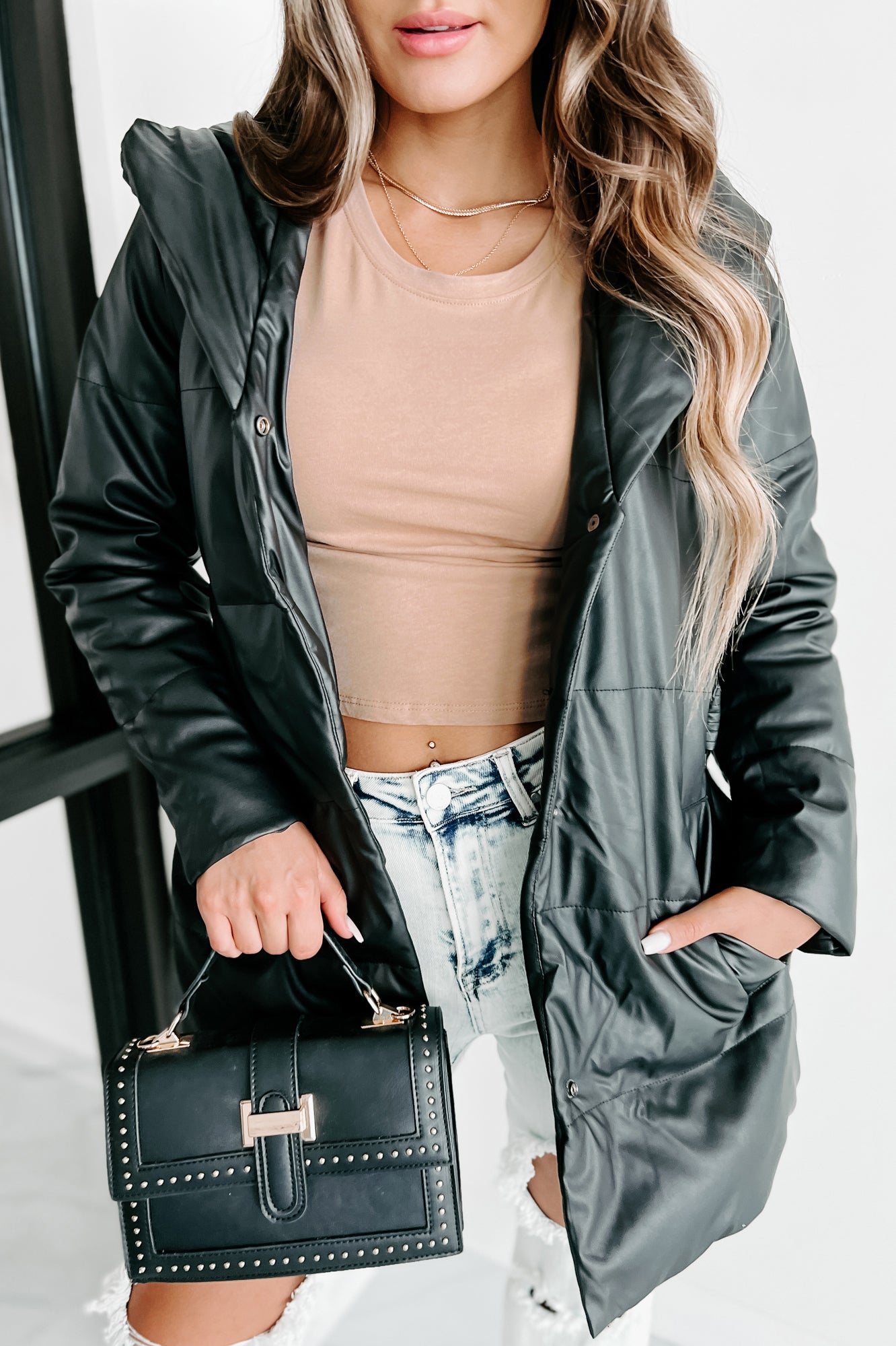 Wintry Winds Hooded Faux Leather Puffer Coat (Black) - NanaMacs