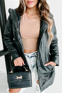 Wintry Winds Hooded Faux Leather Puffer Coat (Black) - NanaMacs