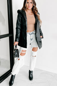 Wintry Winds Hooded Faux Leather Puffer Coat (Black) - NanaMacs