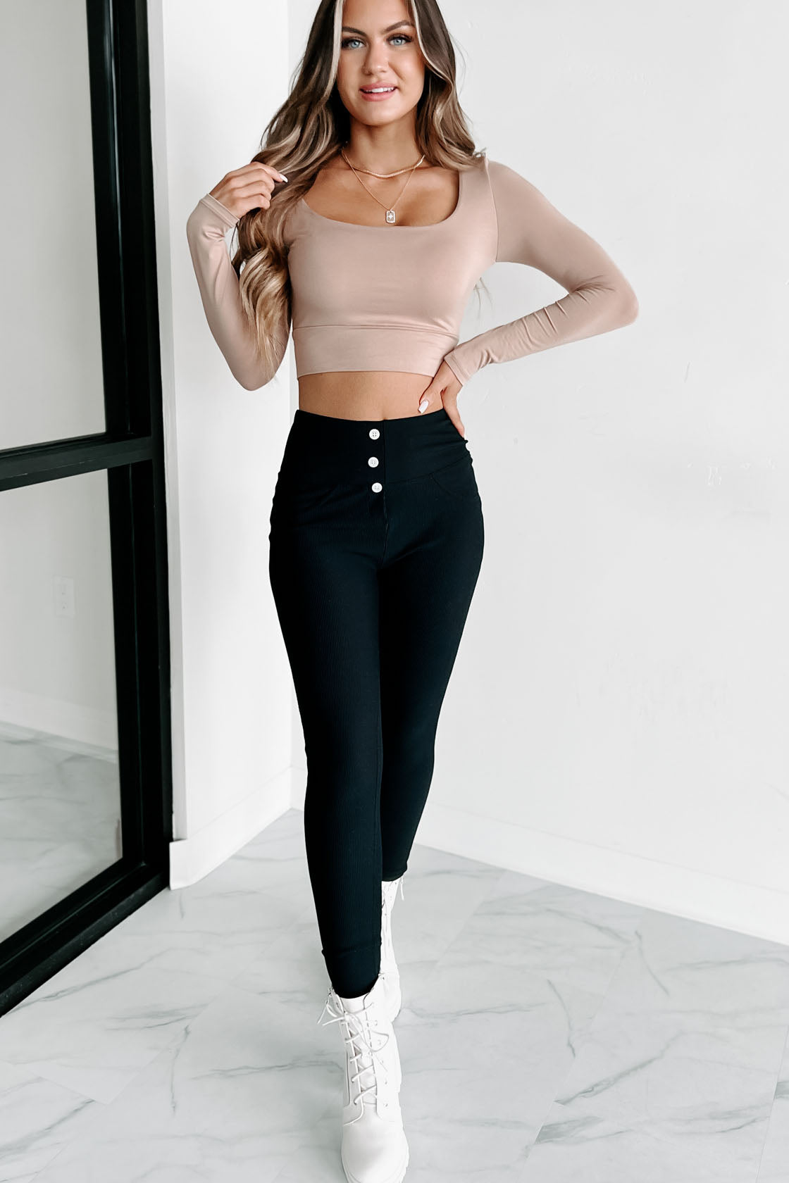 Glad You Stayed Square Neck Long Sleeve Crop Top (Tan) - NanaMacs